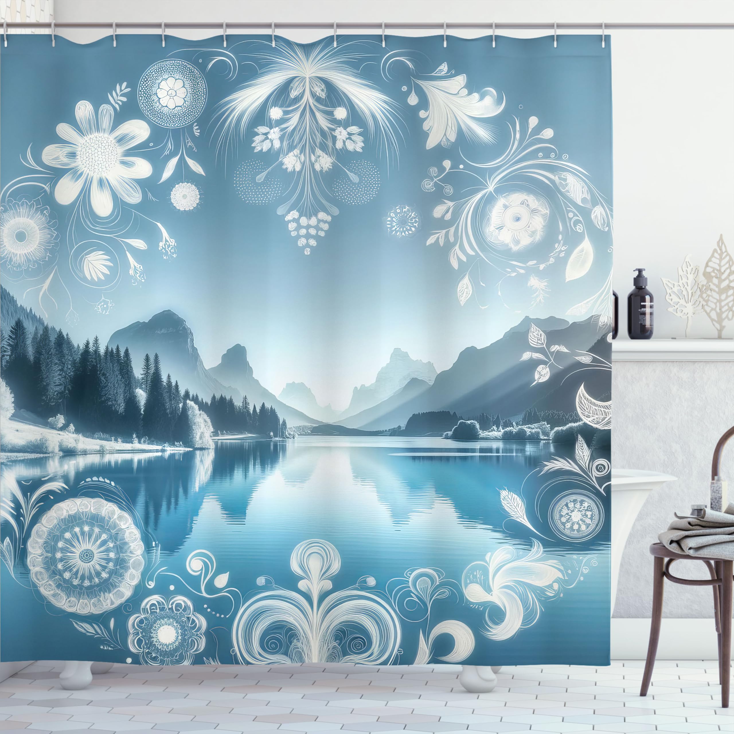 Ambesonne Lake Shower Curtain, Panoramic Nature View Mountains Woodland Folkloric Floral Wreath Ornaments, Cloth Fabric Bathroom